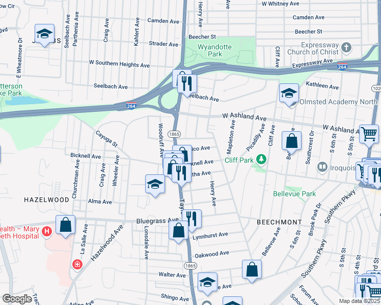 map of restaurants, bars, coffee shops, grocery stores, and more near 1218 Carrico Avenue in Louisville