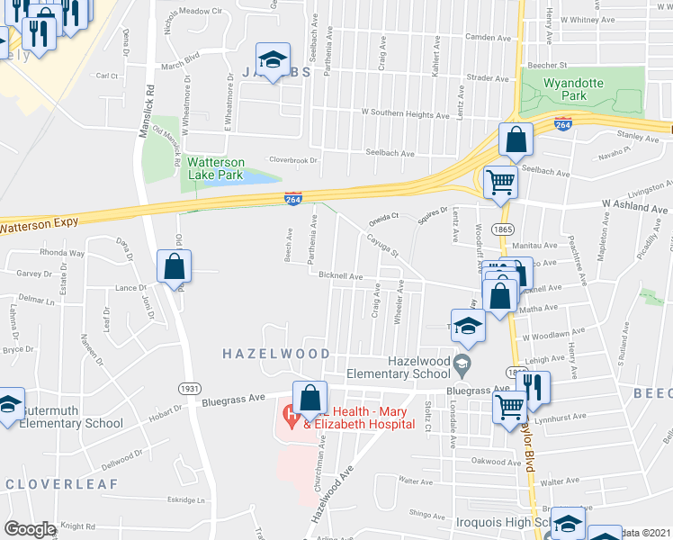 map of restaurants, bars, coffee shops, grocery stores, and more near 1805 Bicknell Avenue in Louisville