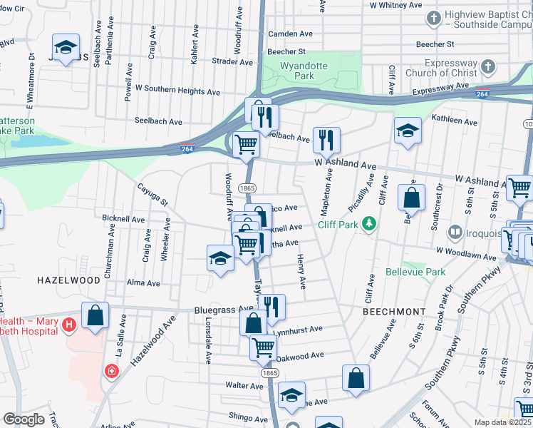map of restaurants, bars, coffee shops, grocery stores, and more near 1230 Carrico Avenue in Louisville