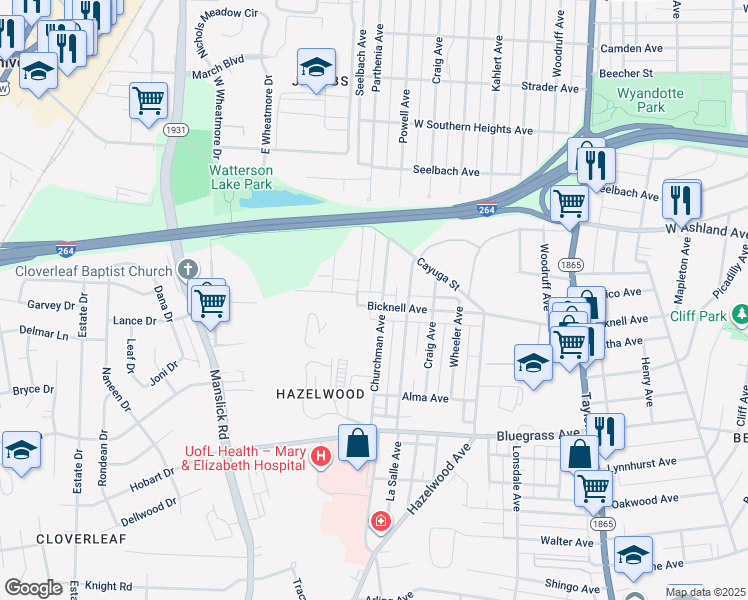 map of restaurants, bars, coffee shops, grocery stores, and more near 1805 Bicknell Avenue in Louisville