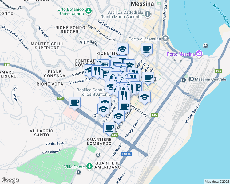 map of restaurants, bars, coffee shops, grocery stores, and more near 144 Via Nino Bixio in Messina