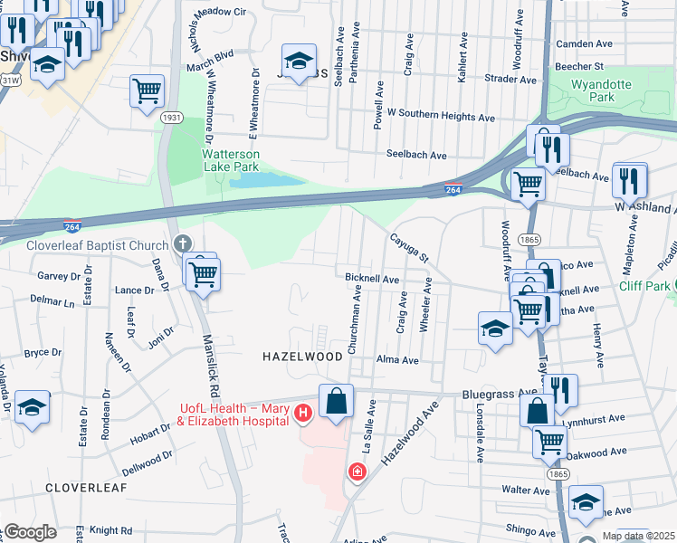 map of restaurants, bars, coffee shops, grocery stores, and more near 1815 Bicknell Avenue in Louisville