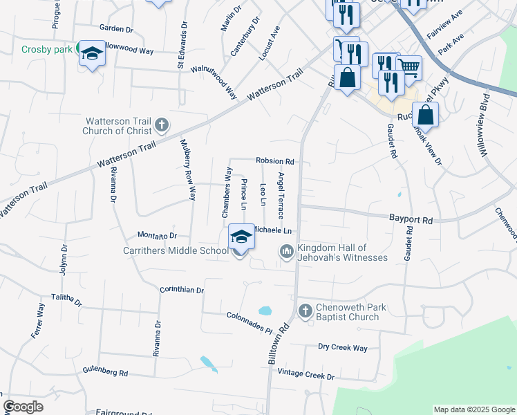 map of restaurants, bars, coffee shops, grocery stores, and more near 4204 Leo Lane in Louisville