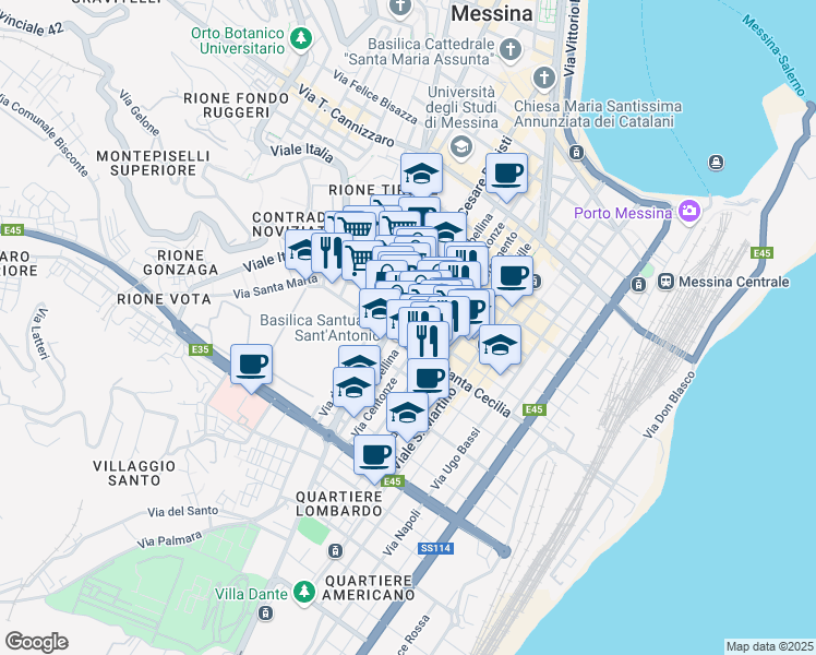 map of restaurants, bars, coffee shops, grocery stores, and more near 144 Via Nino Bixio in Messina