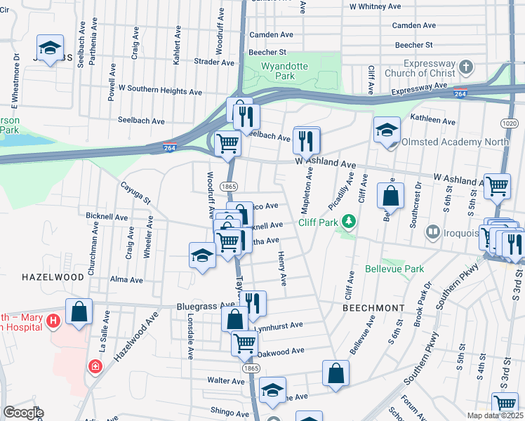 map of restaurants, bars, coffee shops, grocery stores, and more near 1218 Carrico Avenue in Louisville