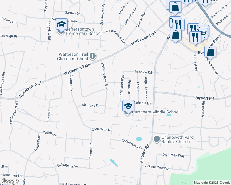 map of restaurants, bars, coffee shops, grocery stores, and more near 4011 Tally Ho Court in Louisville