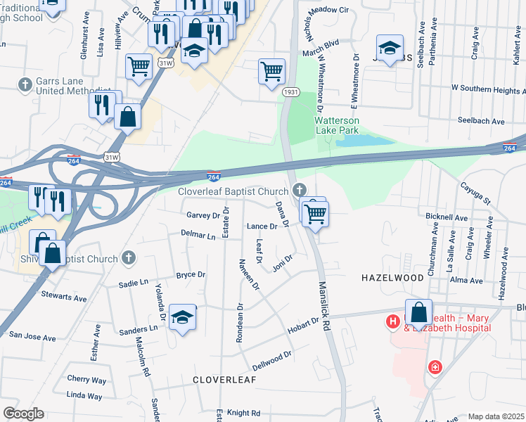 map of restaurants, bars, coffee shops, grocery stores, and more near 1306 Rhonda Way in Louisville