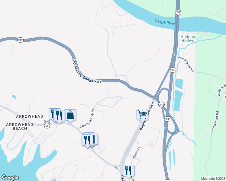 map of restaurants, bars, coffee shops, grocery stores, and more near 101-149 Hickory Dr in Lake Ozark