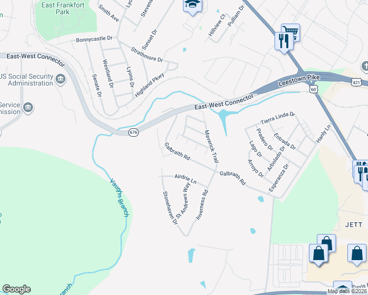 map of restaurants, bars, coffee shops, grocery stores, and more near 112 Castile Court in Frankfort