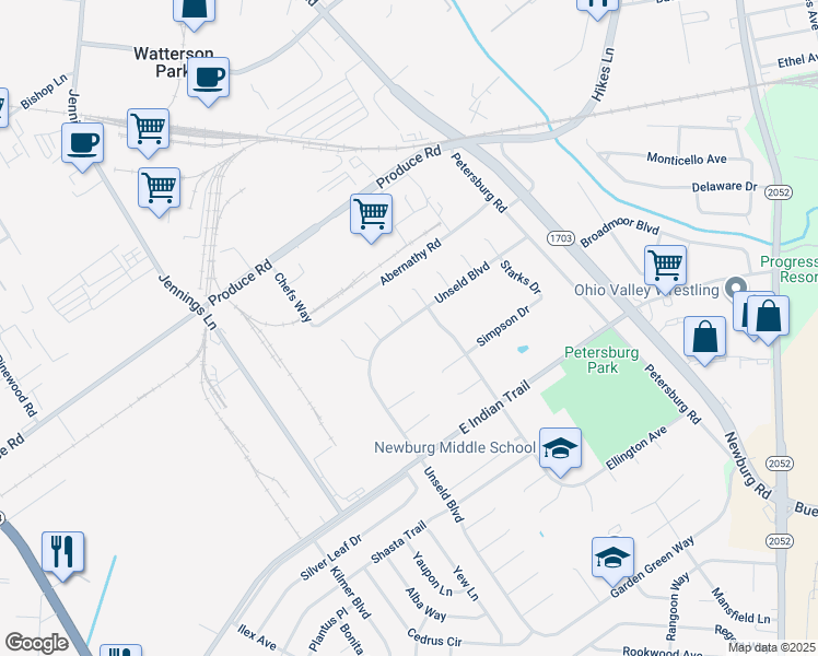 map of restaurants, bars, coffee shops, grocery stores, and more near 4607 Unseld Boulevard in Louisville