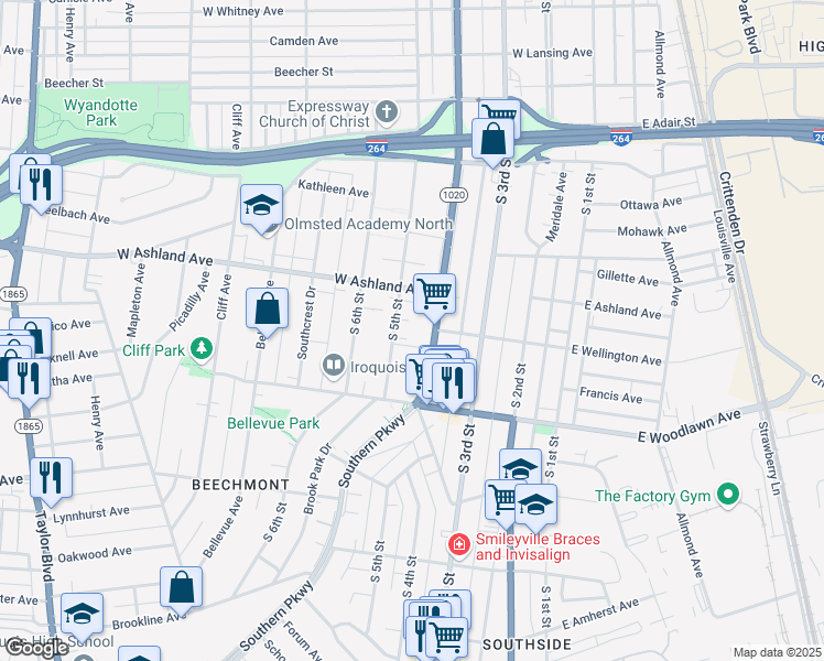 map of restaurants, bars, coffee shops, grocery stores, and more near 4608 Southern Parkway in Louisville