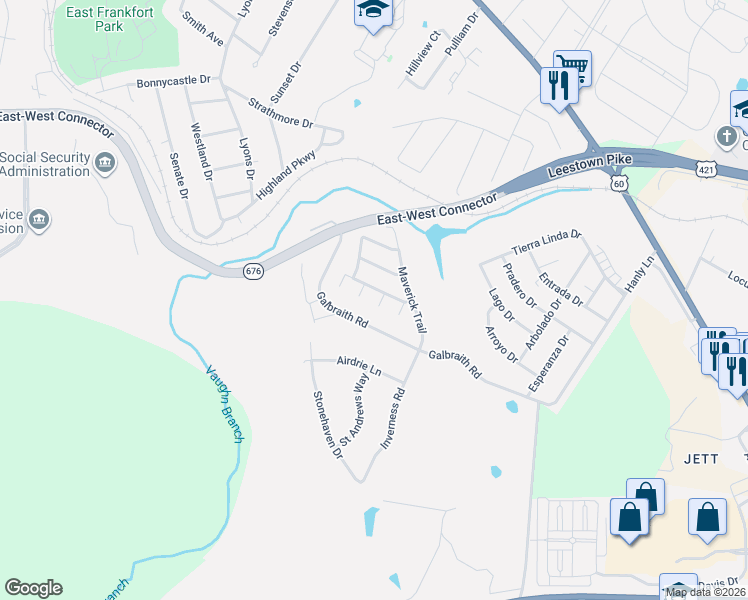 map of restaurants, bars, coffee shops, grocery stores, and more near 112 Castile Court in Frankfort