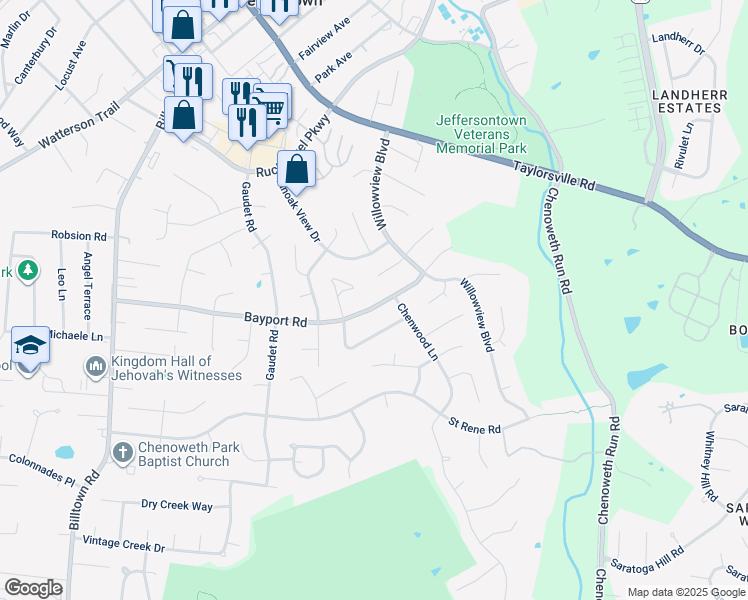 map of restaurants, bars, coffee shops, grocery stores, and more near 10603 Bayport Road in Louisville