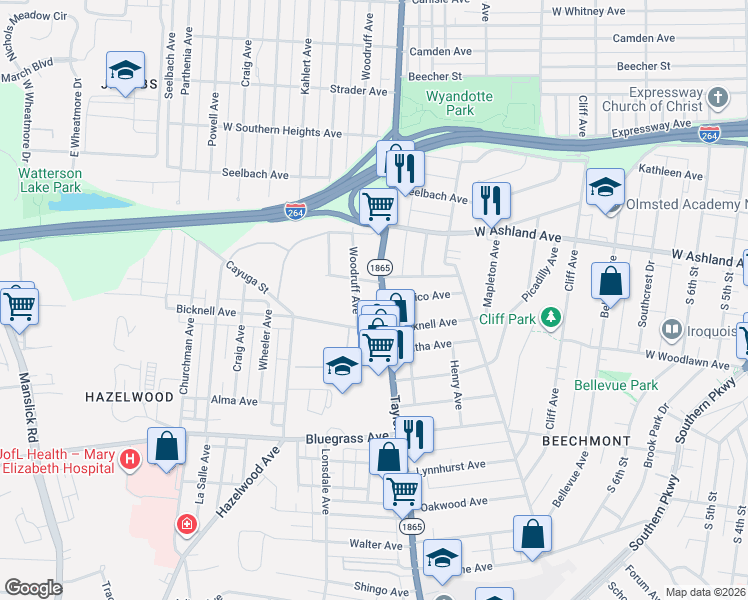 map of restaurants, bars, coffee shops, grocery stores, and more near 4037 Woodruff Avenue in Louisville