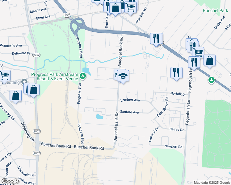map of restaurants, bars, coffee shops, grocery stores, and more near 2021 Buechel Bank Road in Louisville