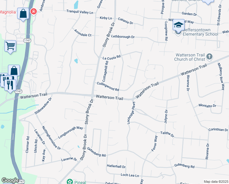 map of restaurants, bars, coffee shops, grocery stores, and more near 8619 Watterson Trail in Louisville