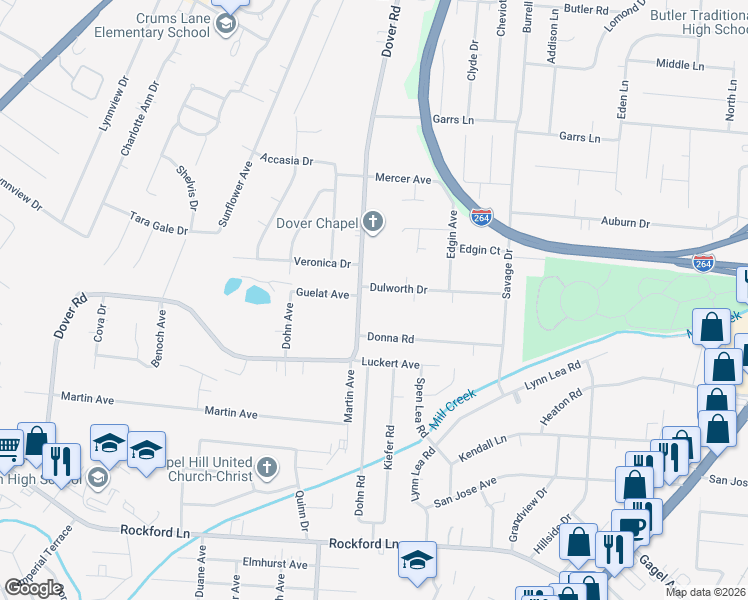 map of restaurants, bars, coffee shops, grocery stores, and more near 4403 Dover Rd in Louisville