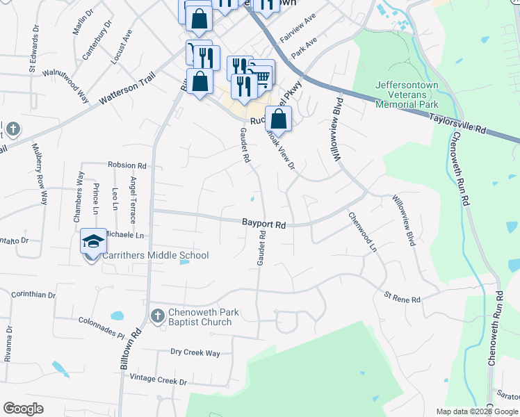map of restaurants, bars, coffee shops, grocery stores, and more near 10405 Bayport Road in Jeffersontown