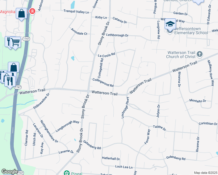 map of restaurants, bars, coffee shops, grocery stores, and more near 8619 Watterson Trail in Louisville