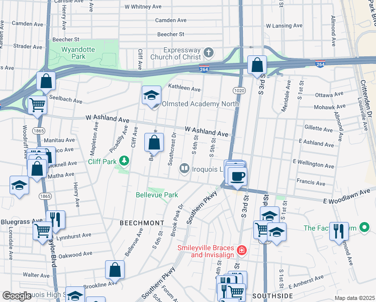 map of restaurants, bars, coffee shops, grocery stores, and more near 4624 South 6th Street in Louisville