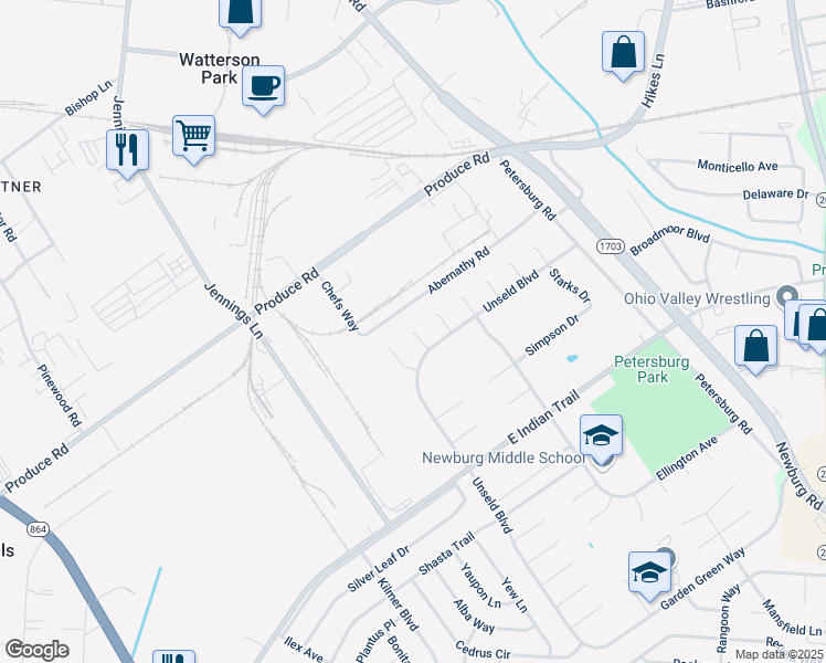 map of restaurants, bars, coffee shops, grocery stores, and more near 4401 Titus Court in Louisville