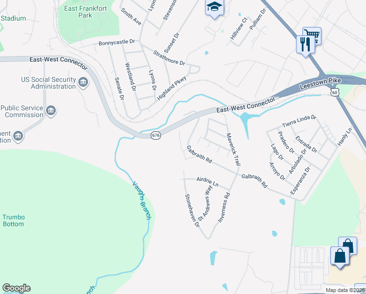 map of restaurants, bars, coffee shops, grocery stores, and more near 1755 Galbraith Road in Frankfort