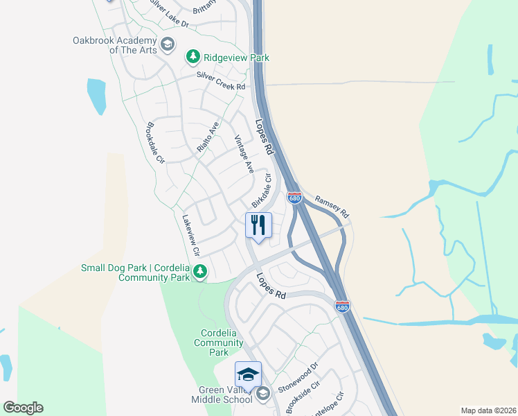 map of restaurants, bars, coffee shops, grocery stores, and more near 4796 Birkdale Circle in Fairfield