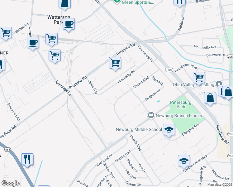 map of restaurants, bars, coffee shops, grocery stores, and more near 4408 Titus Court in Louisville