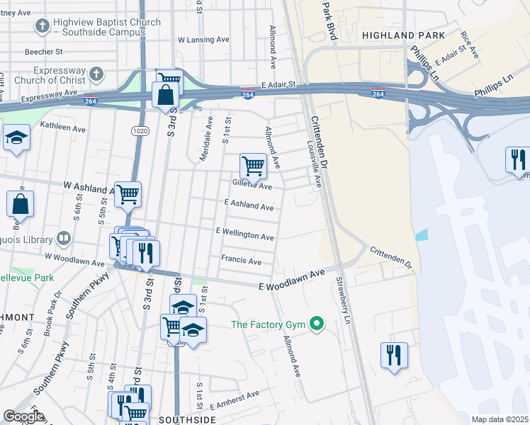 map of restaurants, bars, coffee shops, grocery stores, and more near 160 East Ashland Avenue in Louisville