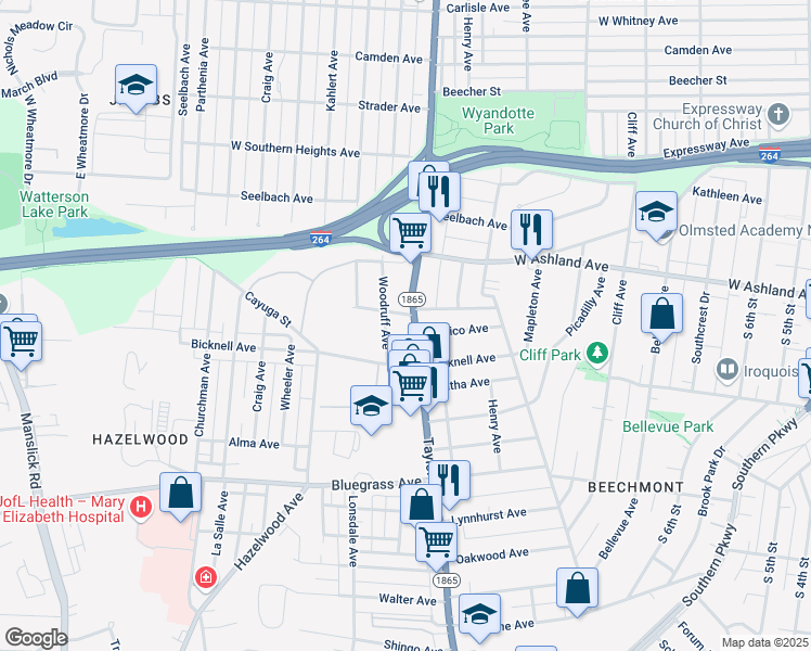 map of restaurants, bars, coffee shops, grocery stores, and more near 4037 Woodruff Avenue in Louisville
