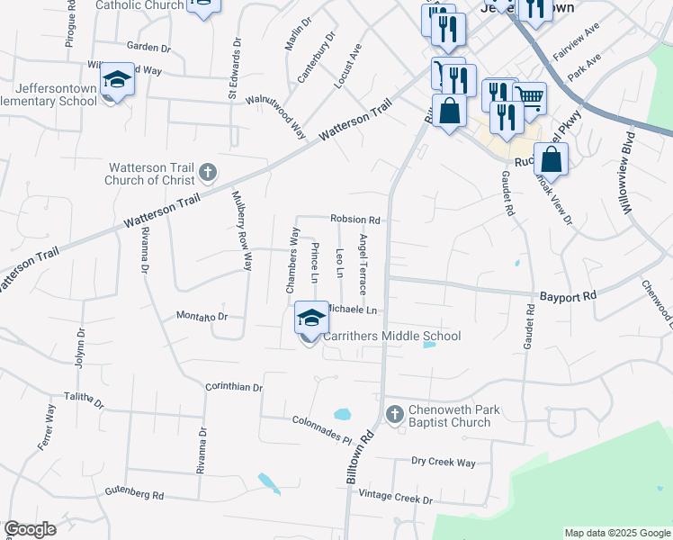 map of restaurants, bars, coffee shops, grocery stores, and more near 4204 Leo Lane in Louisville
