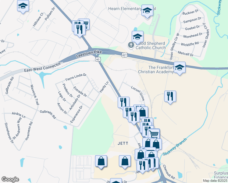 map of restaurants, bars, coffee shops, grocery stores, and more near Arrowhead Court in Frankfort