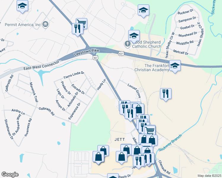 map of restaurants, bars, coffee shops, grocery stores, and more near Arrowhead Court in Frankfort