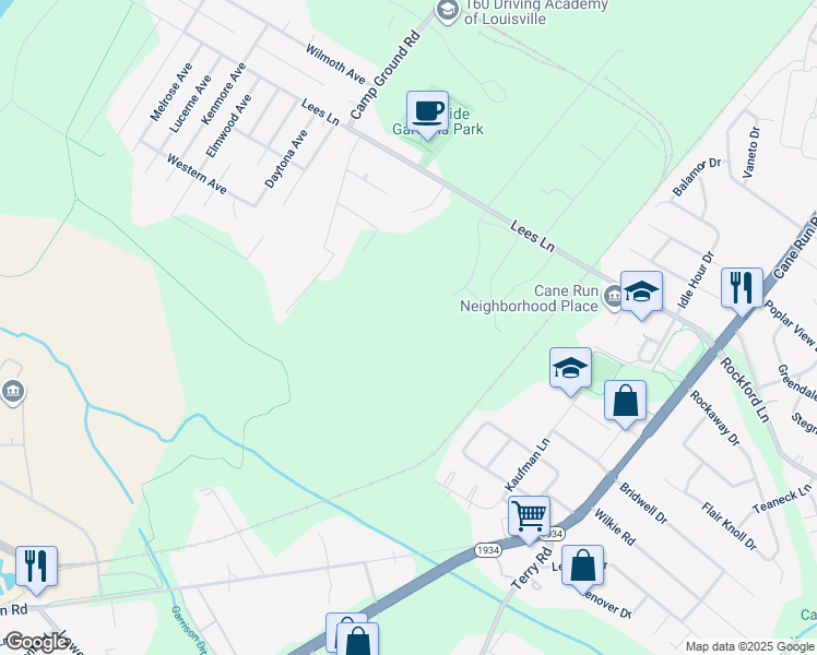 map of restaurants, bars, coffee shops, grocery stores, and more near 3500 Lees Lane in Louisville