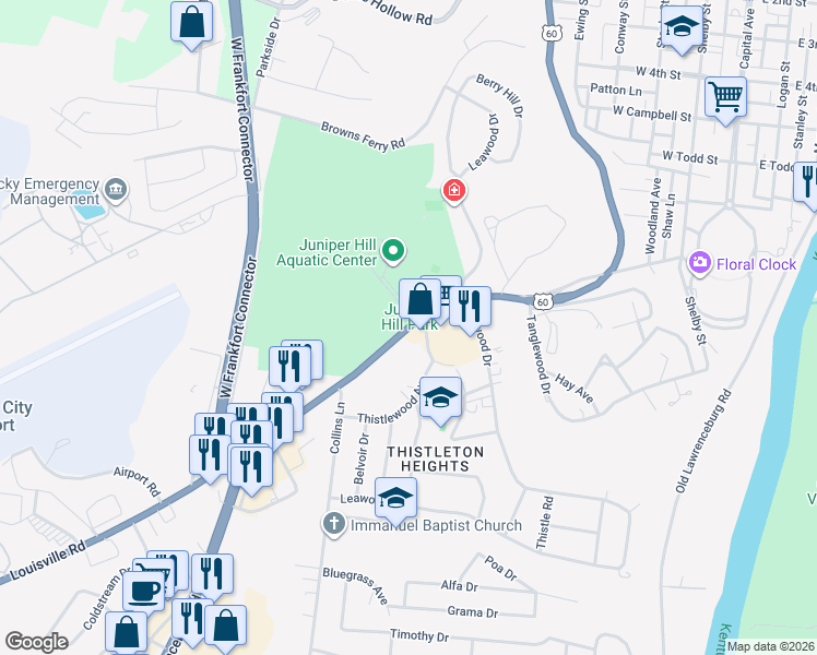 map of restaurants, bars, coffee shops, grocery stores, and more near 892 Louisville Road in Frankfort