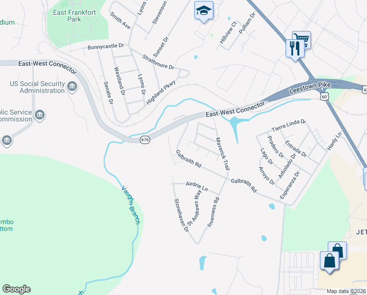 map of restaurants, bars, coffee shops, grocery stores, and more near 1755 Galbraith Road in Frankfort
