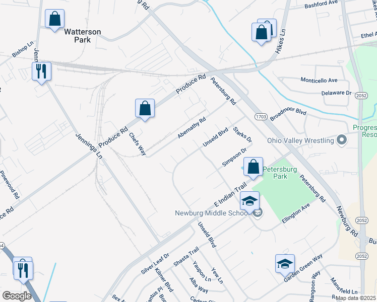 map of restaurants, bars, coffee shops, grocery stores, and more near 4607 Unseld Boulevard in Louisville