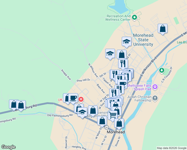 map of restaurants, bars, coffee shops, grocery stores, and more near 403 North Wilson Avenue in Morehead