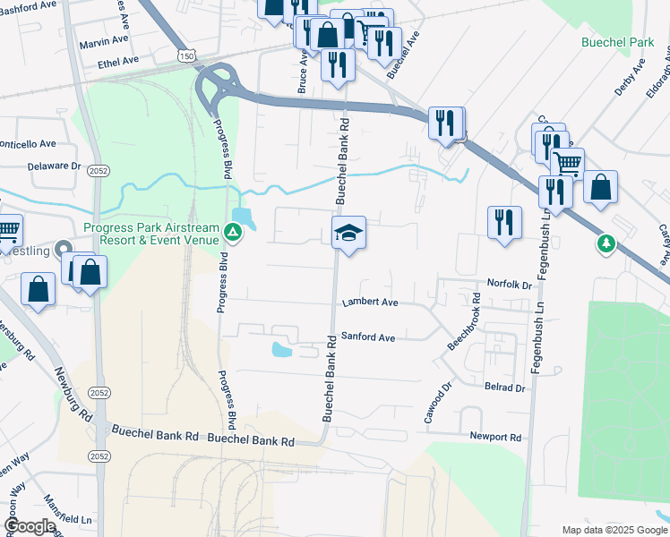 map of restaurants, bars, coffee shops, grocery stores, and more near 2021 Buechel Bank Road in Louisville