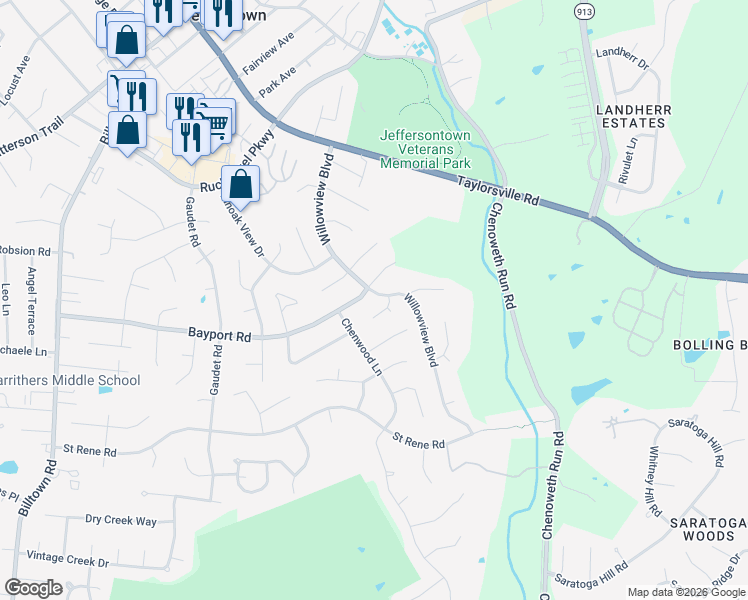 map of restaurants, bars, coffee shops, grocery stores, and more near 11409 Catalpa View Court in Louisville