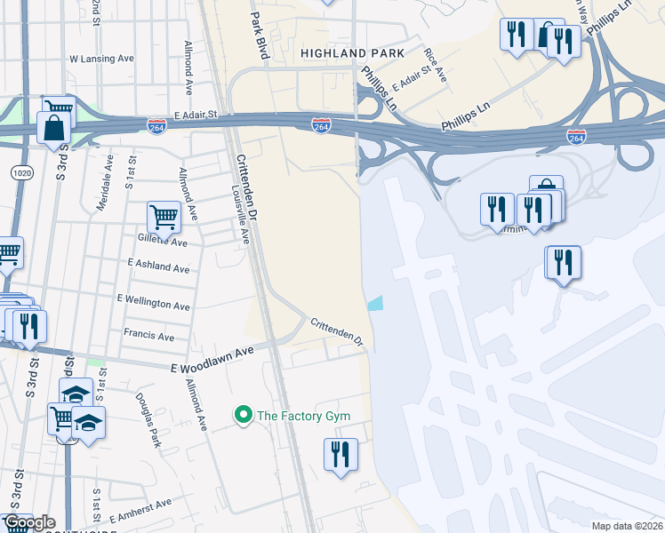map of restaurants, bars, coffee shops, grocery stores, and more near Tallulah Avenue in Louisville