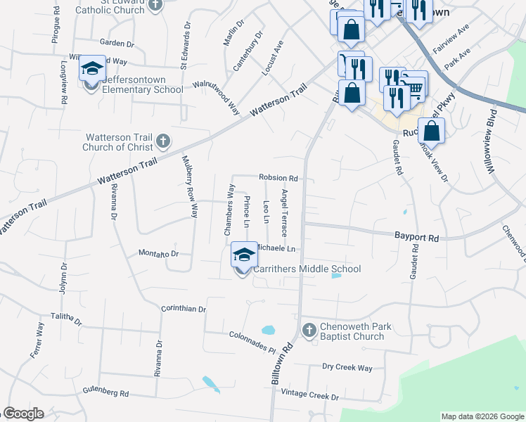 map of restaurants, bars, coffee shops, grocery stores, and more near 4204 Leo Lane in Louisville