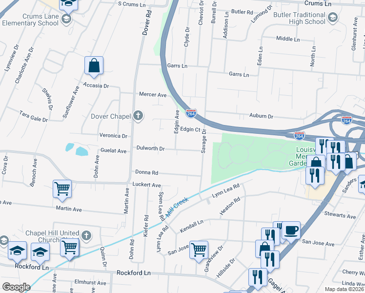 map of restaurants, bars, coffee shops, grocery stores, and more near 2314 Dulworth Drive in Louisville