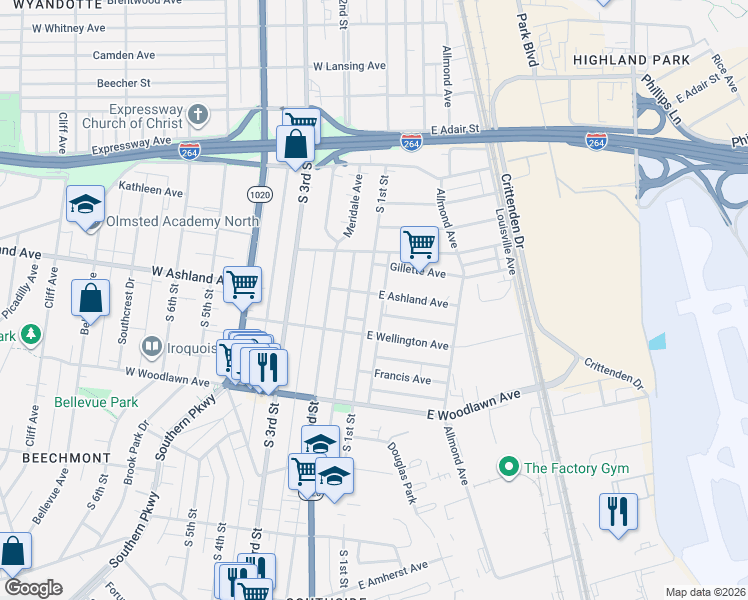 map of restaurants, bars, coffee shops, grocery stores, and more near 4580 South 1st Street in Louisville
