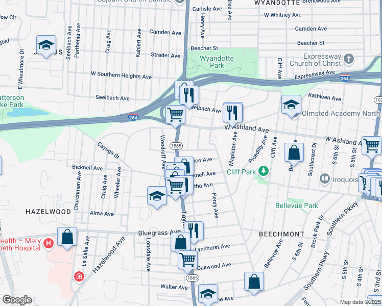 map of restaurants, bars, coffee shops, grocery stores, and more near 1232 Manitau Avenue in Louisville