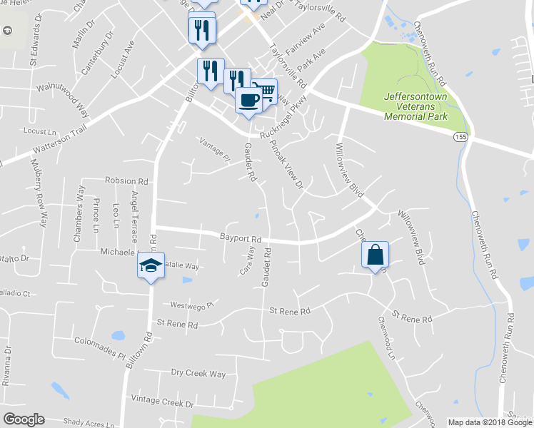 map of restaurants, bars, coffee shops, grocery stores, and more near 4108 Gaudet Road in Jeffersontown