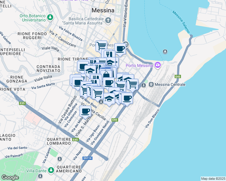 map of restaurants, bars, coffee shops, grocery stores, and more near 65 Via XXVII Luglio in Messina