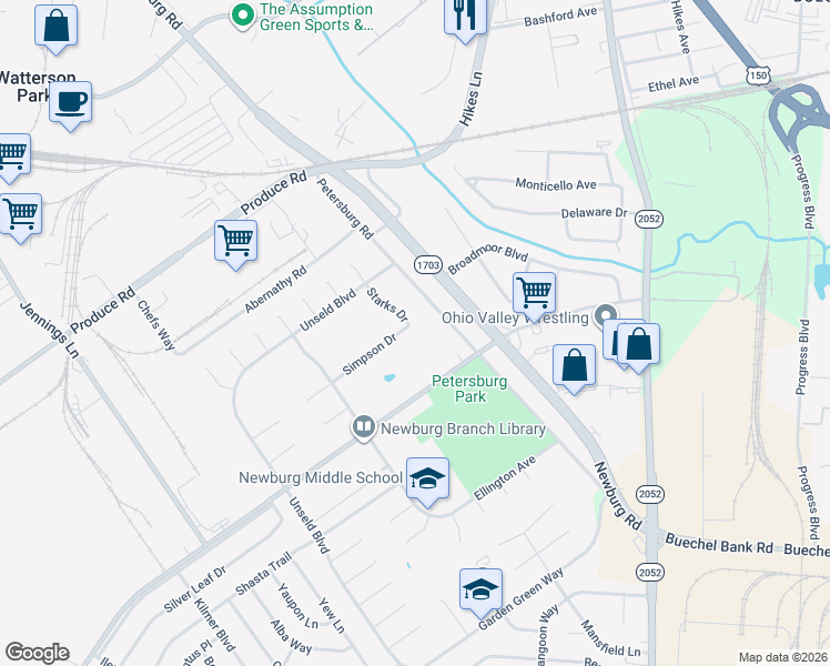 map of restaurants, bars, coffee shops, grocery stores, and more near 4912 Simpson Drive in Louisville