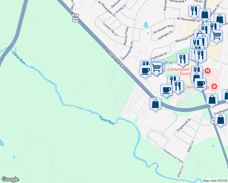 map of restaurants, bars, coffee shops, grocery stores, and more near 300 Mcclelland Circle in Georgetown