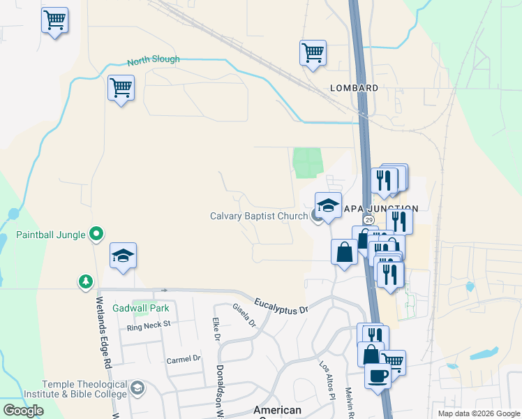 map of restaurants, bars, coffee shops, grocery stores, and more near 100 Napa Junction Road in American Canyon